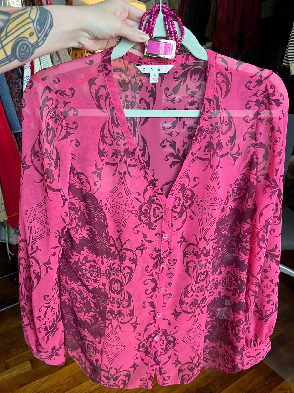 Bundle of CAbi Pink Printed Sheer V-Neck Button Blouse & thrifted bracelet!